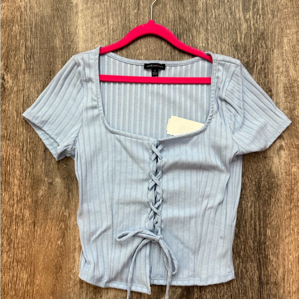 Blue and White Ribbed Tie Front Blouse